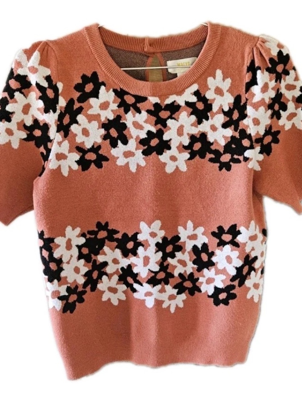Anthropologie Rust Orange Floral Daisy Short-Sleeve Sweater